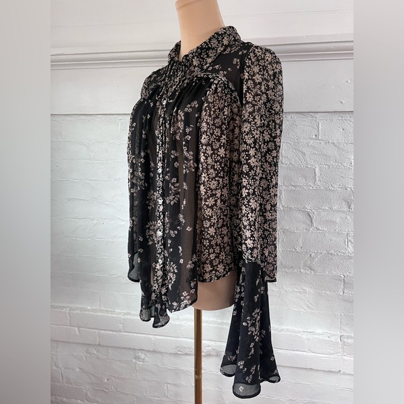 FreePeople Serena Black Floral Blouse Sheer Button Up Ditzy Cottage Witch Size M - Picture 4 of 16